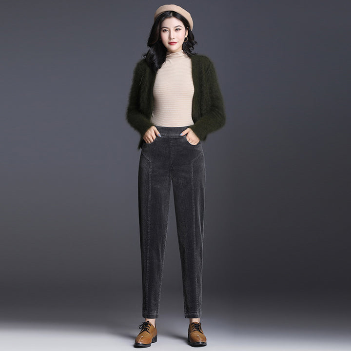 Women's corduroy pants, shortened, high waistband