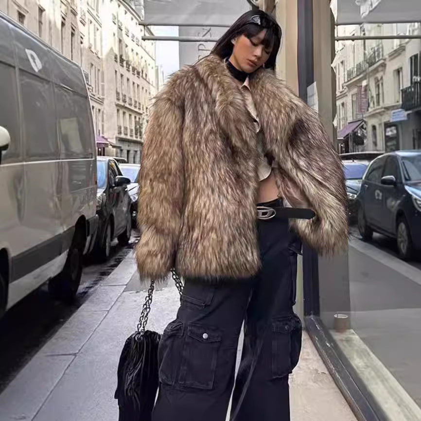 Faux fur coat with lapel collar, European style