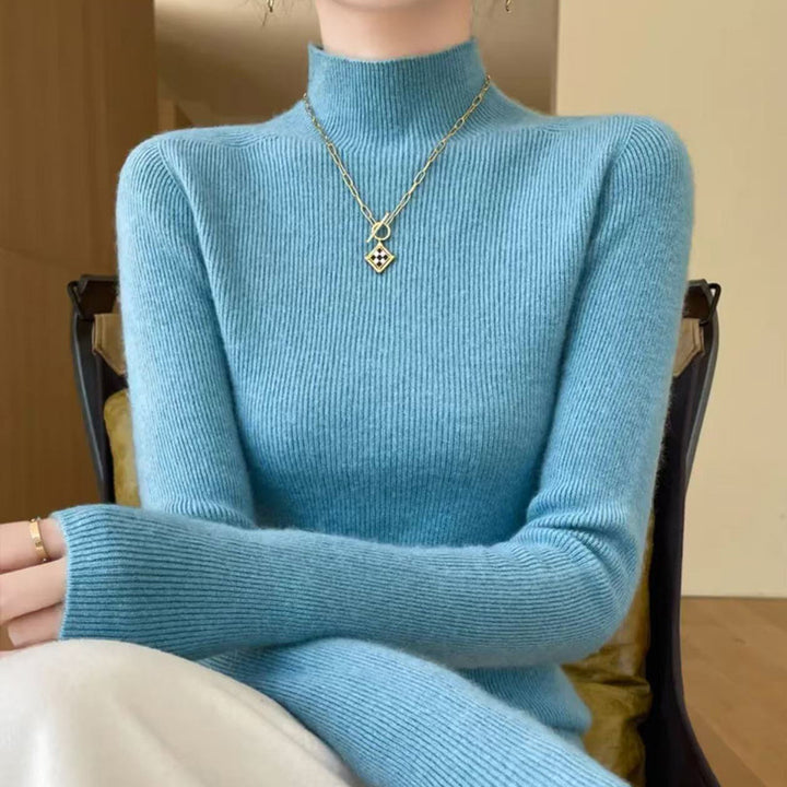 Women's knitted pullover with stand-up collar, fitted