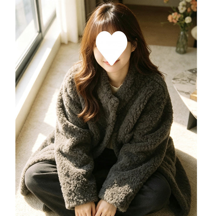 Lamb fleece imitation coat, medium length, women's