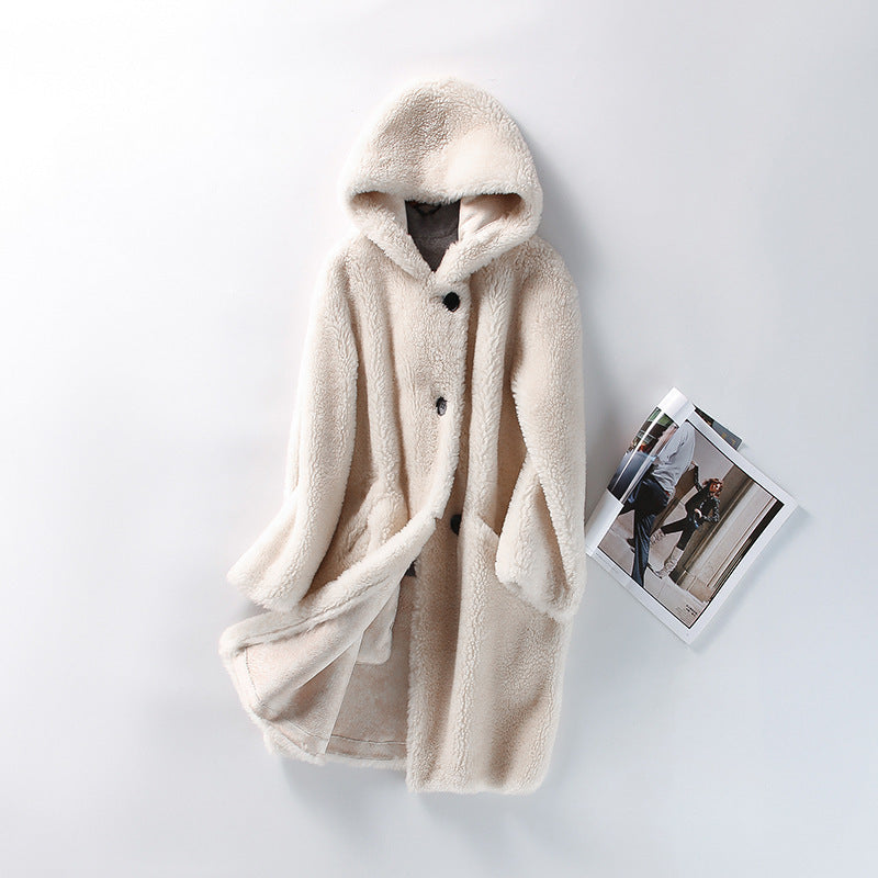 Women's Sheepskin Imitation Coat with Hood, Mid-Length