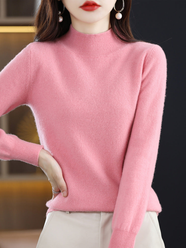 Wool pullover with rolled hem and stand-up collar