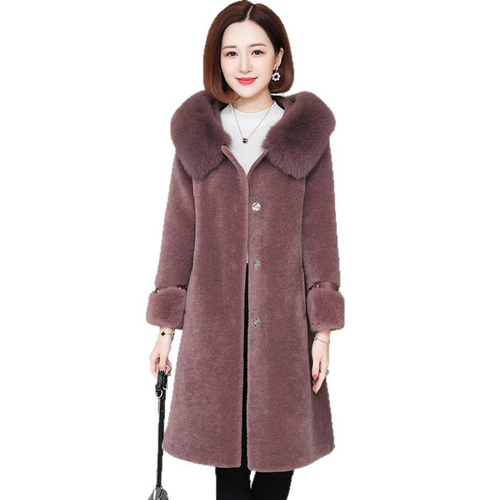 Sheepskin coat with fox fur collar for women