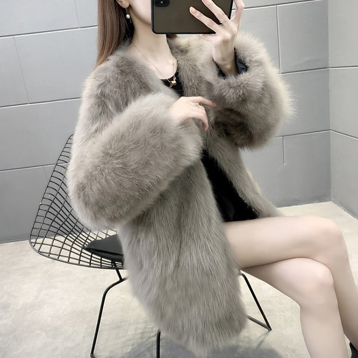 Women's Faux Fur Coat, Mid-Length, V-Neck