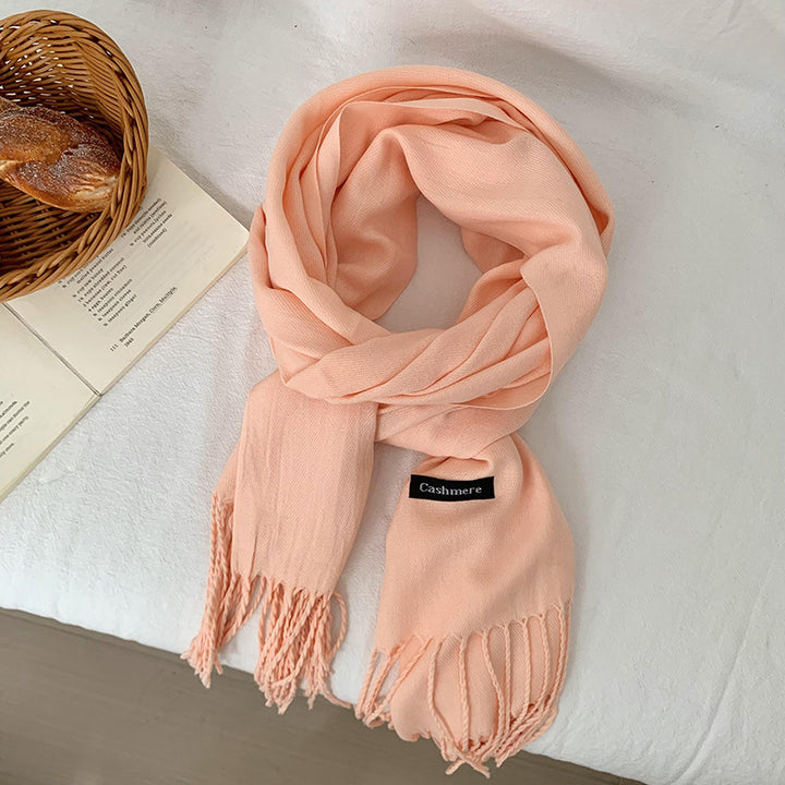 Solid color scarf with fringes, warming