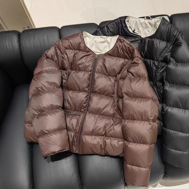 Short women's down jacket, round neckline, lightweight