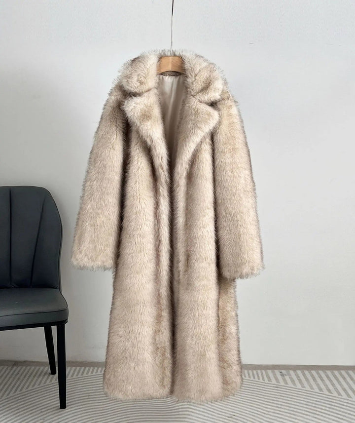 Long faux fur coat with lapels for women