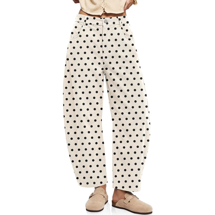 Cord pants with elastic waistband and polka dot pattern