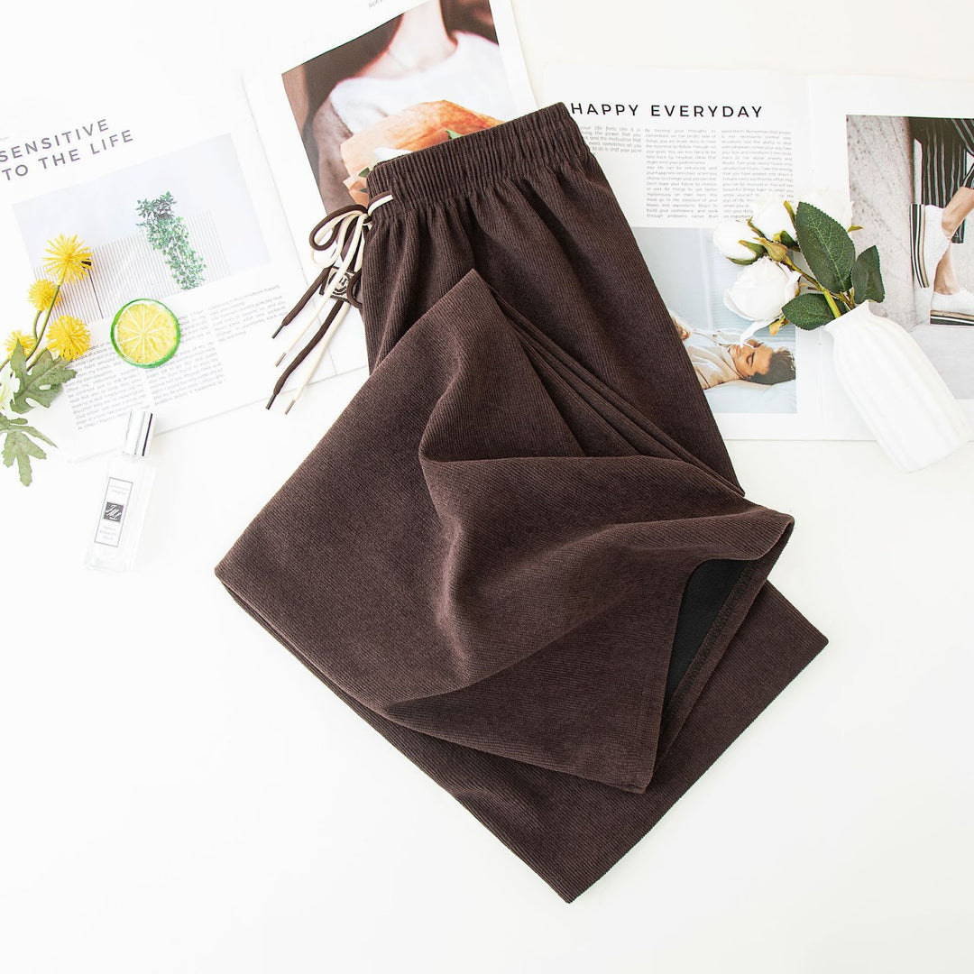 Cord wide trousers with drawstring, high waist, straight cut