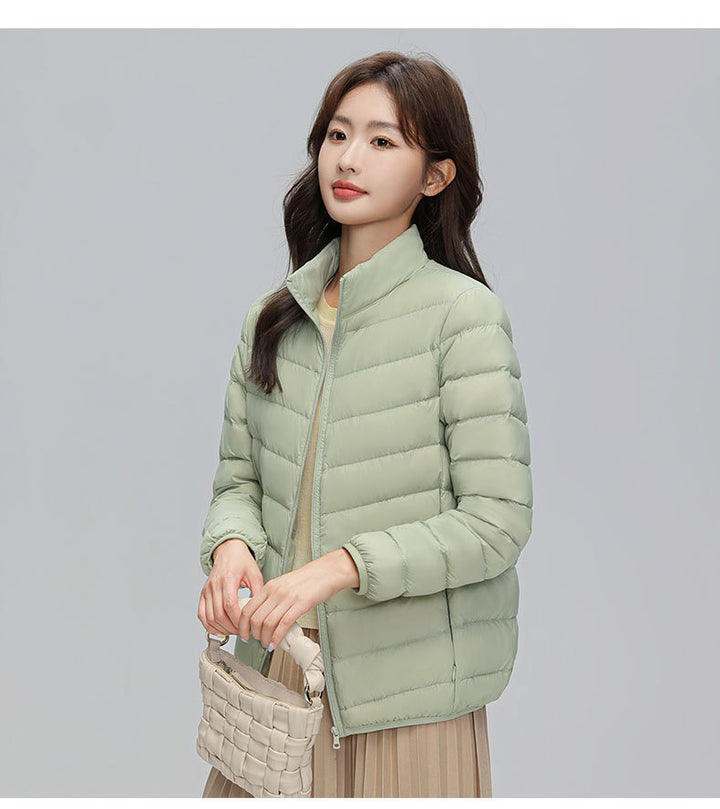 Light down jacket for women, stand-up collar, white, duck down