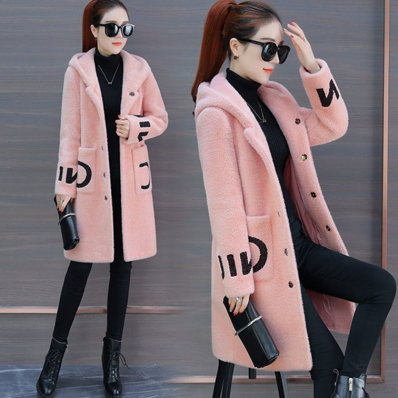 Women's hooded coat made of lamb fur imitation