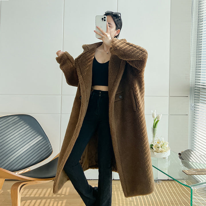 Teddy coat with hood, mid-length, women's