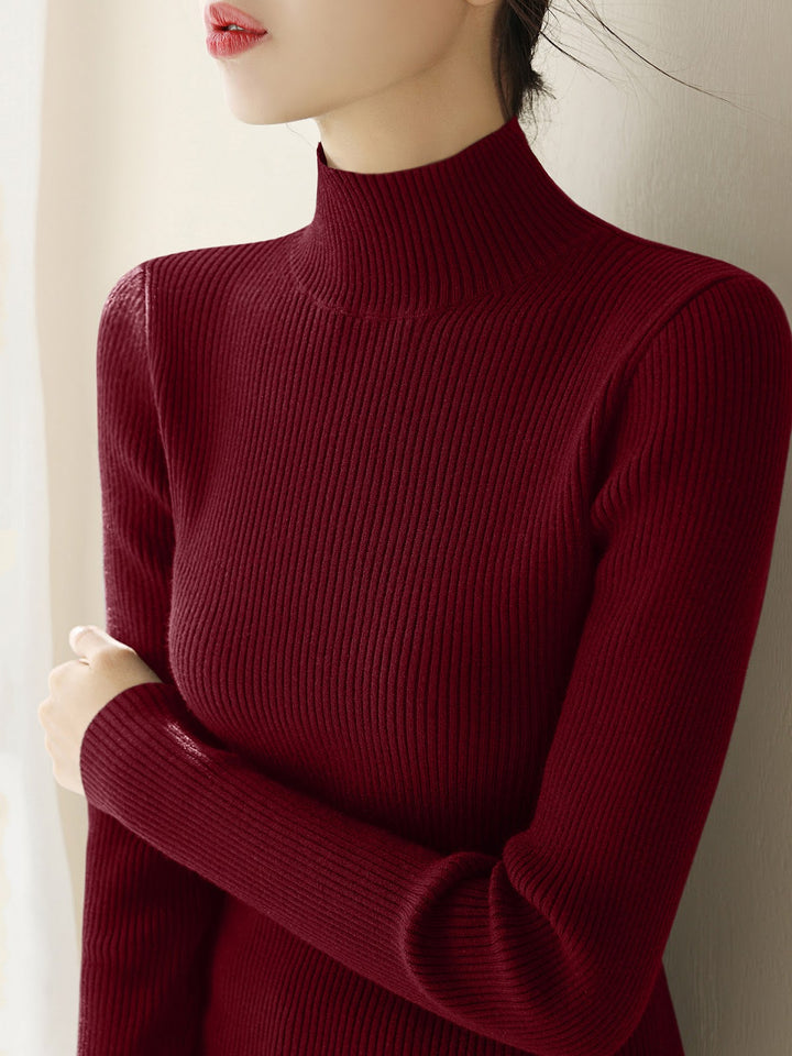 Women's wool knit pullover with half standing collar