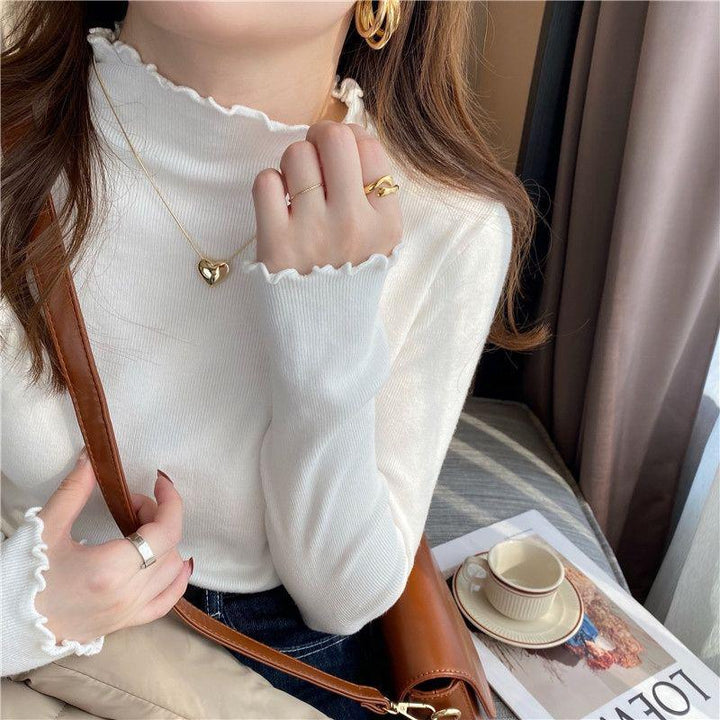 Women's Knitted Shirt, Stand-up Collar, Ruffle Edge, Fitted