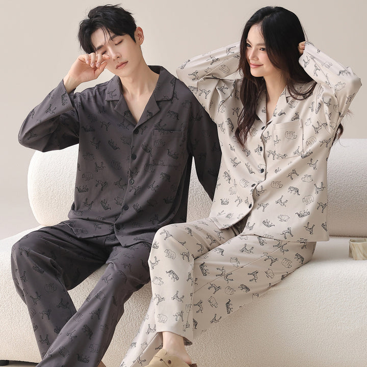 Cotton pajama set with shawl collar, long-sleeved