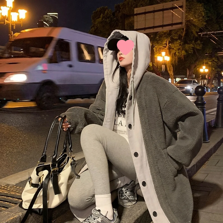 Lamb fleece hooded coat for women, long, loose fit