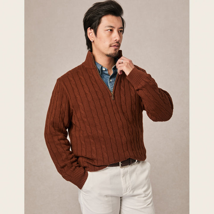 Men's Knit Sweater, Stand Collar with Zipper, Cable Pattern