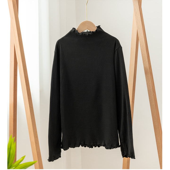 Ladies' Long Sleeve Shirt with Stand Collar and Ruffle Edge