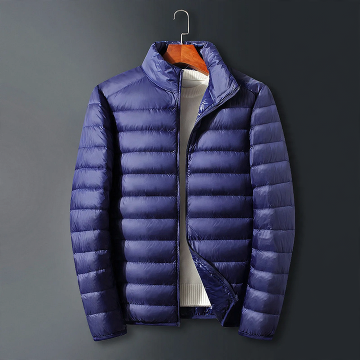 Light men's down jacket with hood, white duck down lining