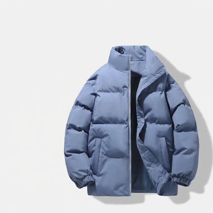 Loose unisex quilted jacket with stand-up collar