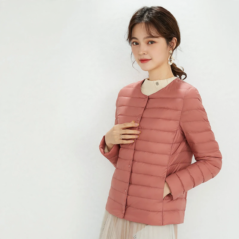 Light women's down jacket, round neck