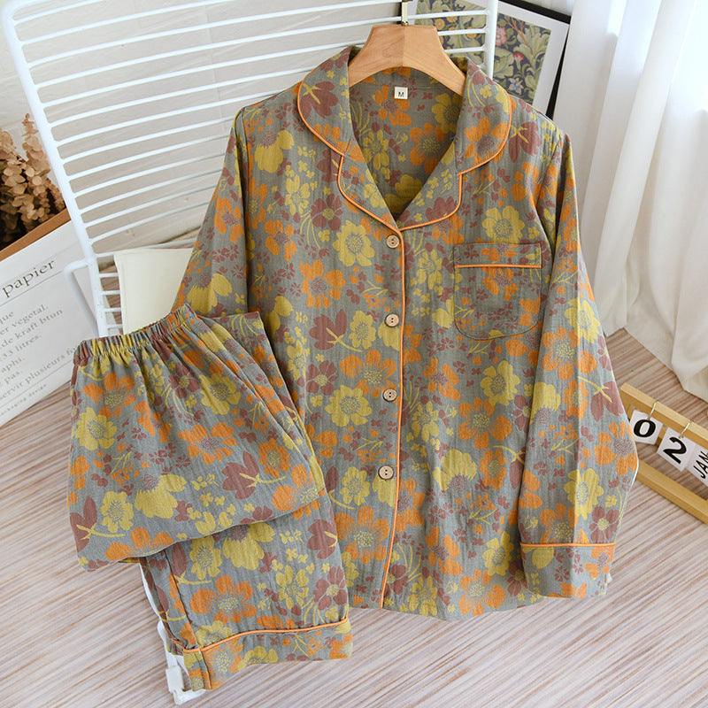 Women's loungewear suit, cotton, long-sleeved, with button placket