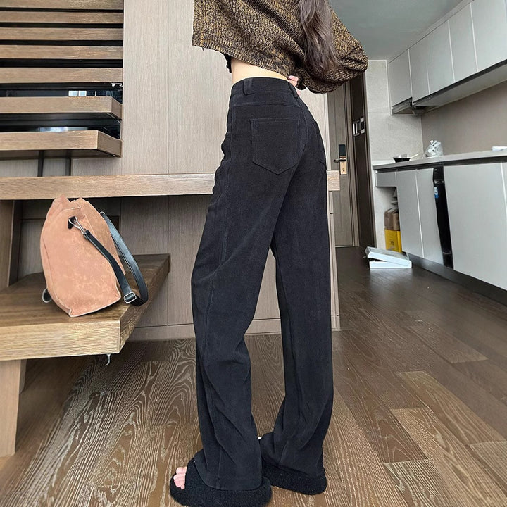 Black women's corduroy pants, high waist