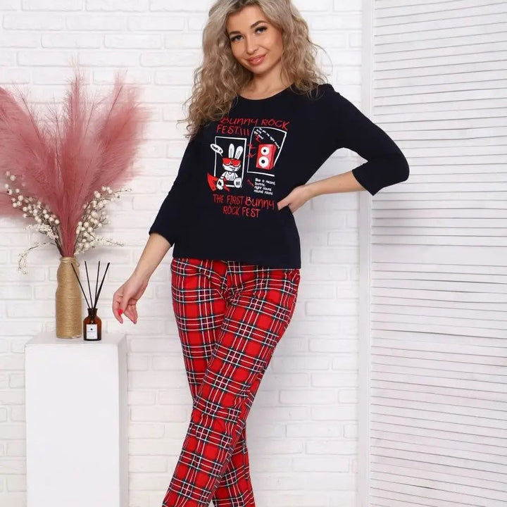 Women’s loungewear, checkered, with Christmas print, long