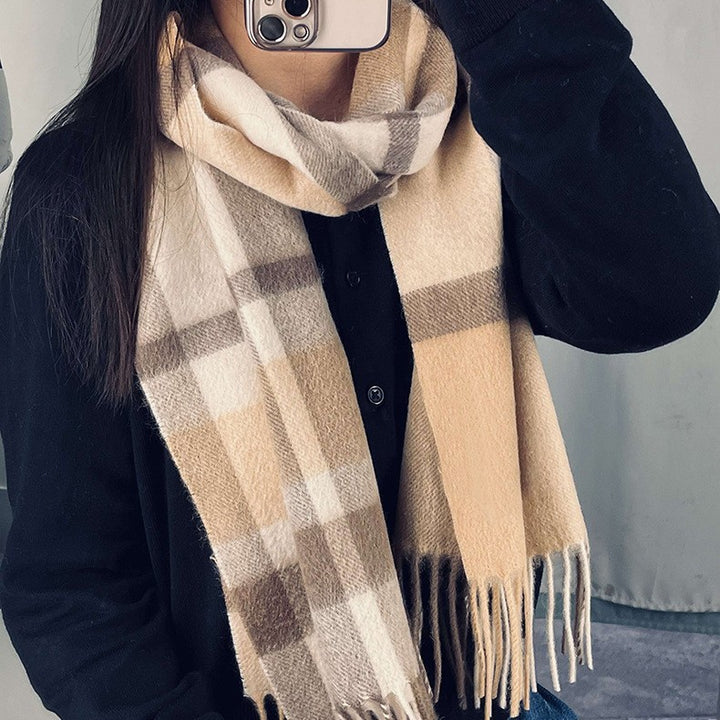 Women's scarf with checked pattern and fringes, 200x50 cm
