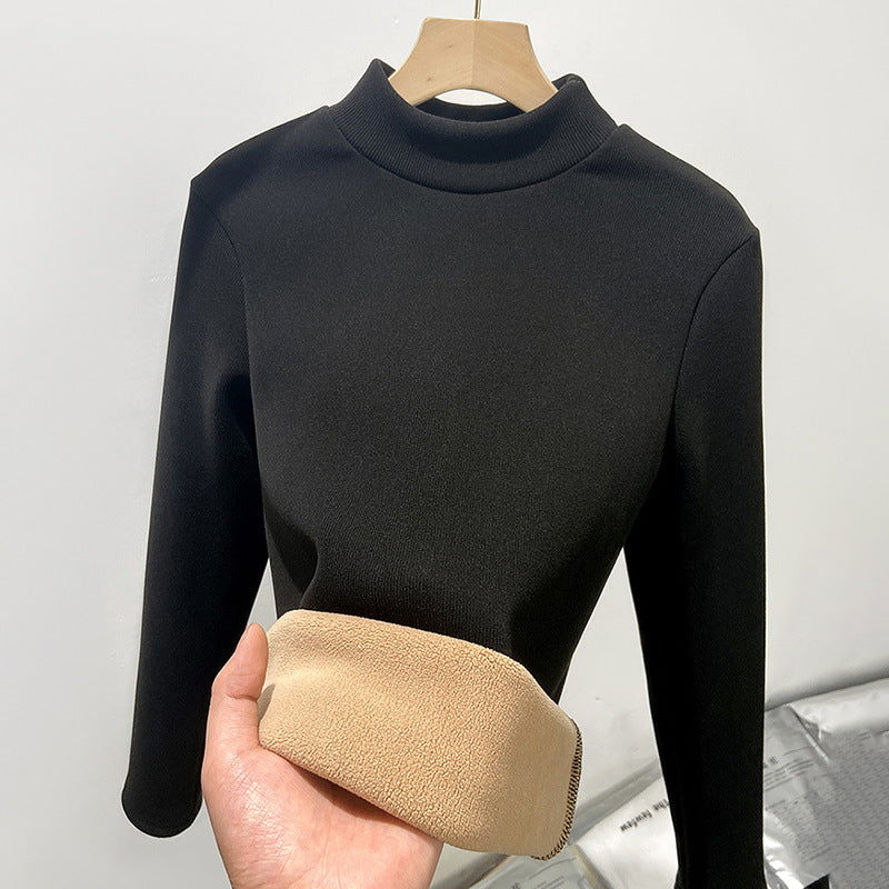 Women's knit shirt with stand-up collar, lined