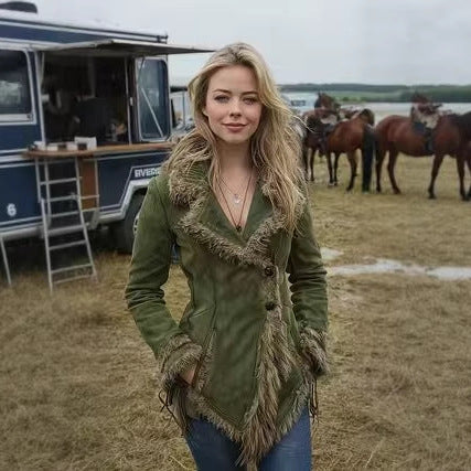 Women's suede imitation jacket with fur collar and lapels