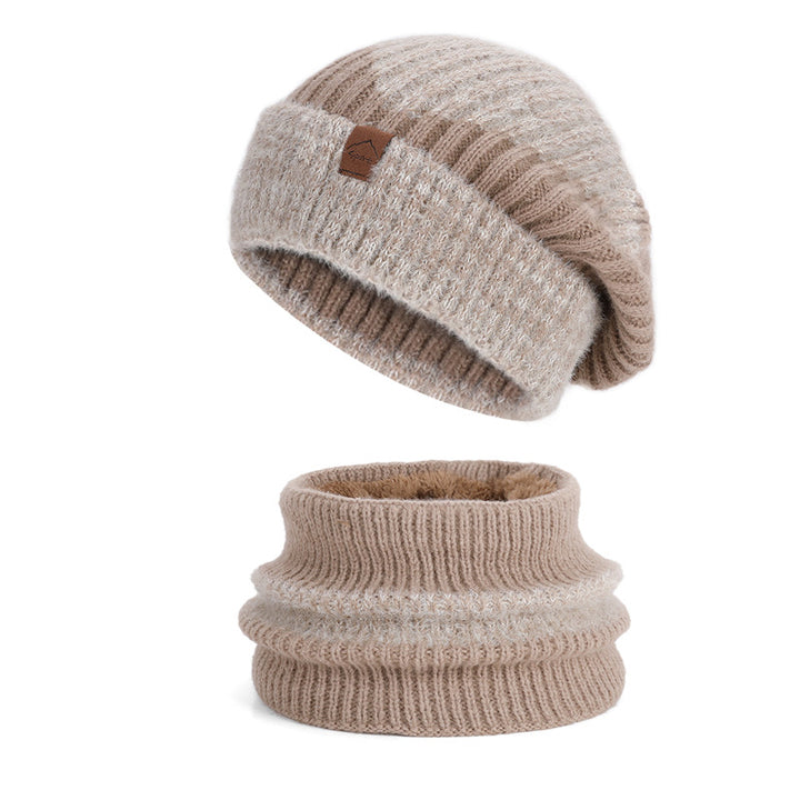 Knitted beanie and scarf set, lined, two-colored