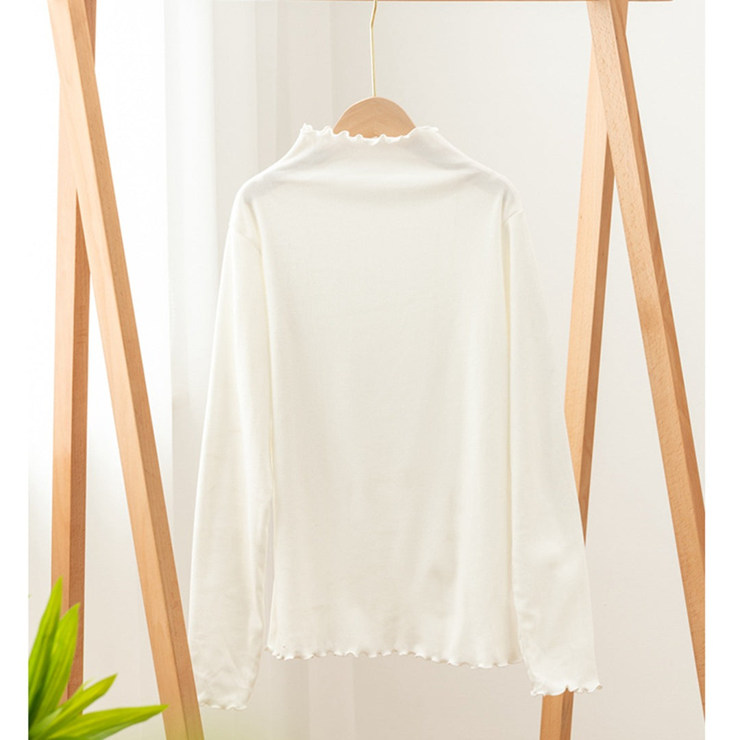 Ladies' Long Sleeve Shirt with Stand Collar and Ruffle Edge