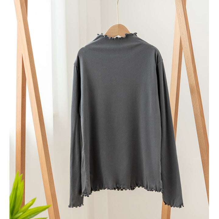 Ladies' Long Sleeve Shirt with Stand Collar and Ruffle Edge