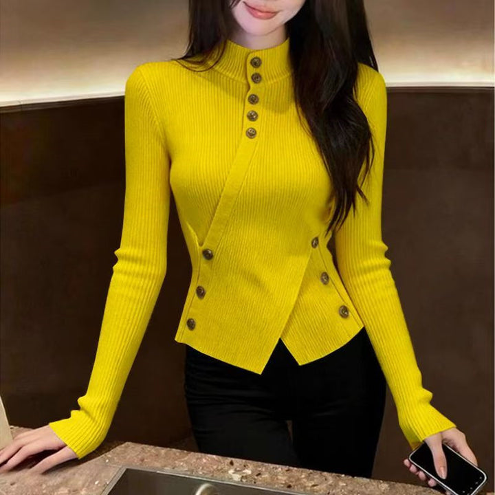 Women's knitted sweater with stand-up collar and asymmetrical cut