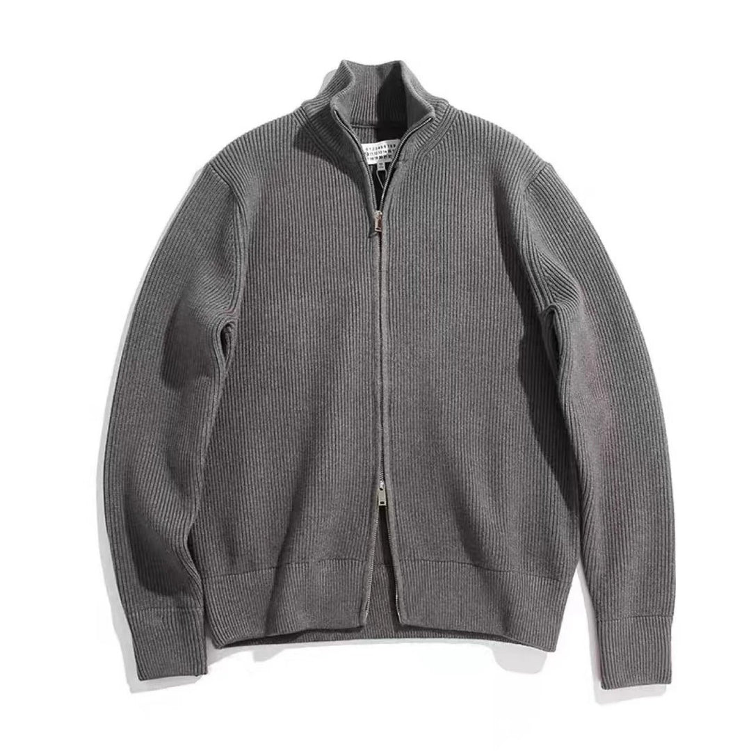 Men's cardigan with stand-up collar and double zipper