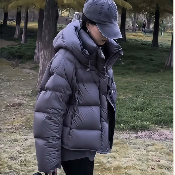 Short women's down jacket with hood, white duck down