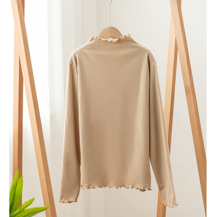 Ladies' Long Sleeve Shirt with Stand Collar and Ruffle Edge