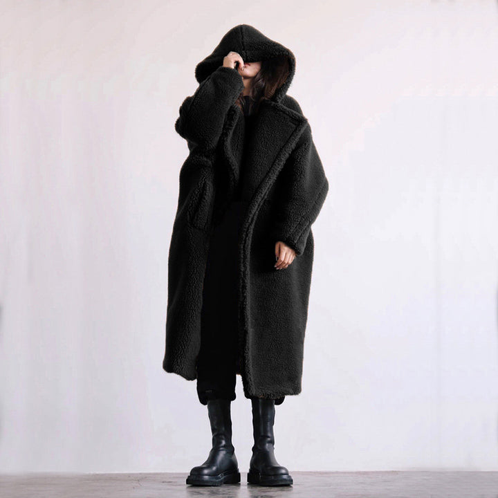 Women’s faux fur coat, mid-length, with hood and lambskin look
