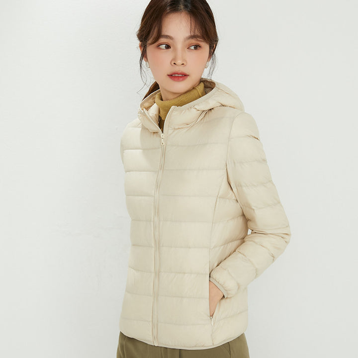 Light women's down jacket with stand-up collar