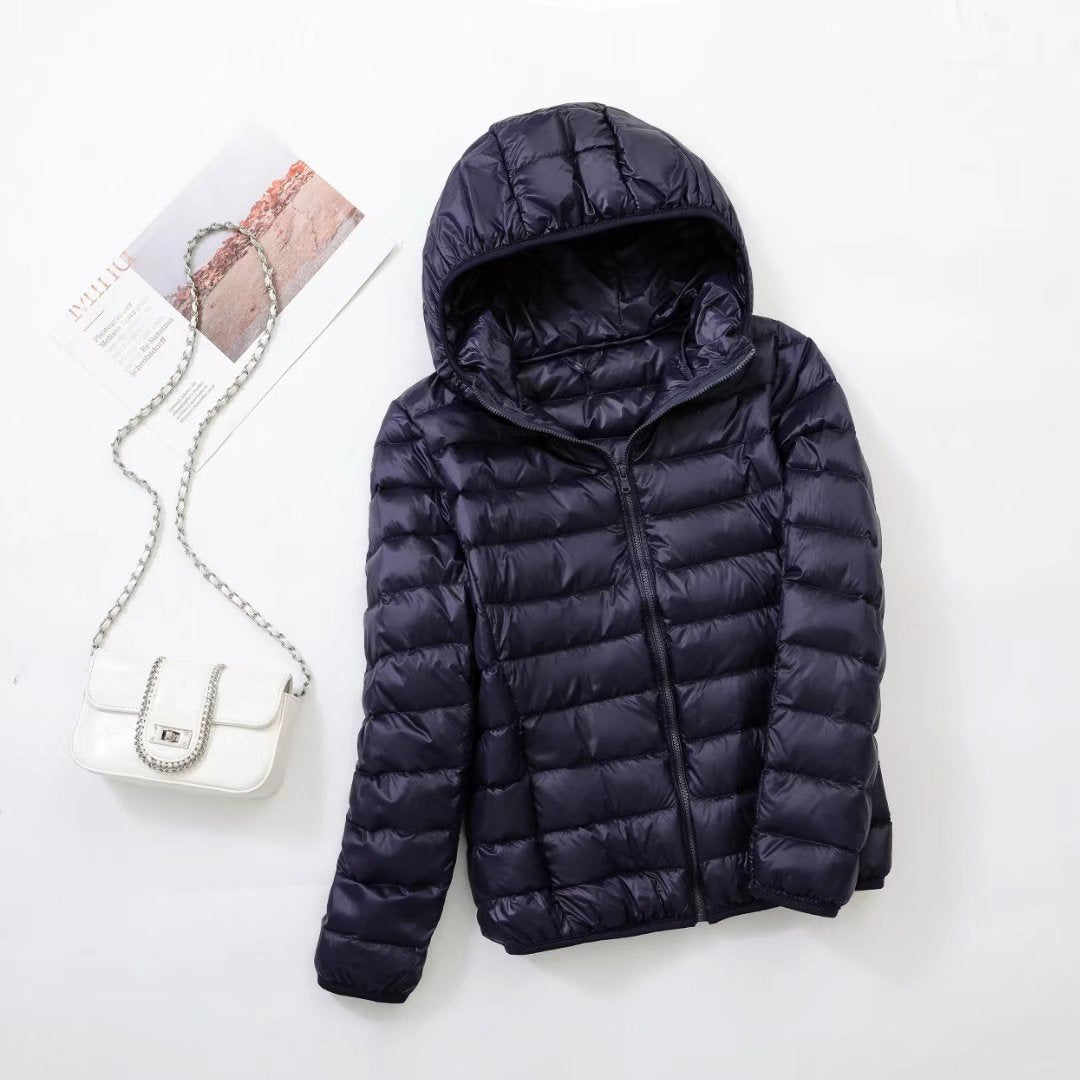 Light women's down jacket with hood, slim fit