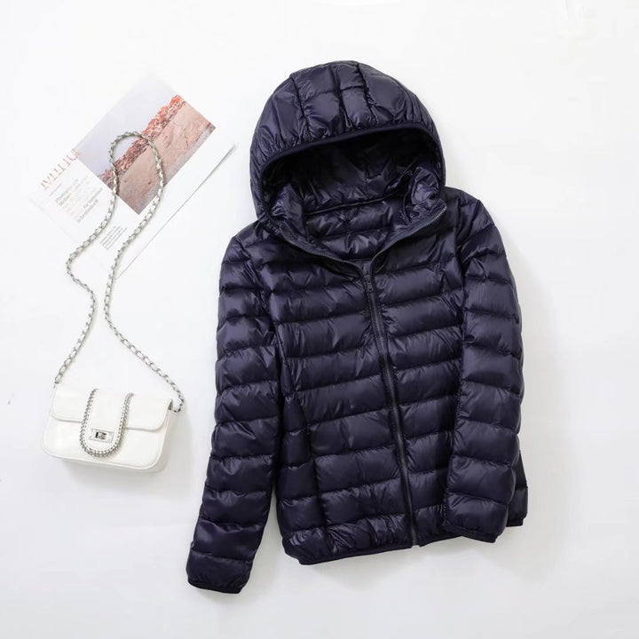 Light women's down jacket with hood, slim fit