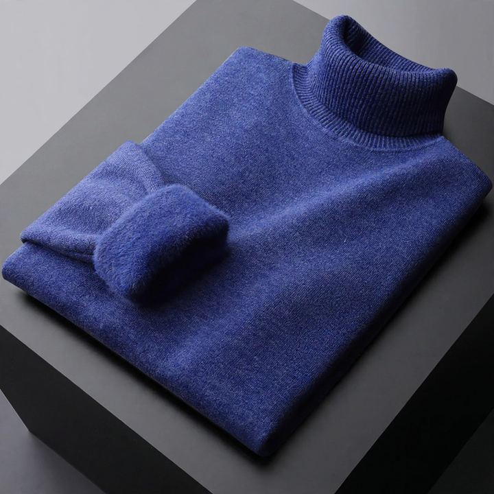 Padded men's knitted sweater with stand-up collar
