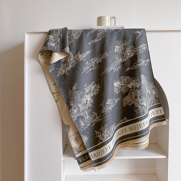 Jacquard scarf with landscape motif, art cashmere, 180x65 cm