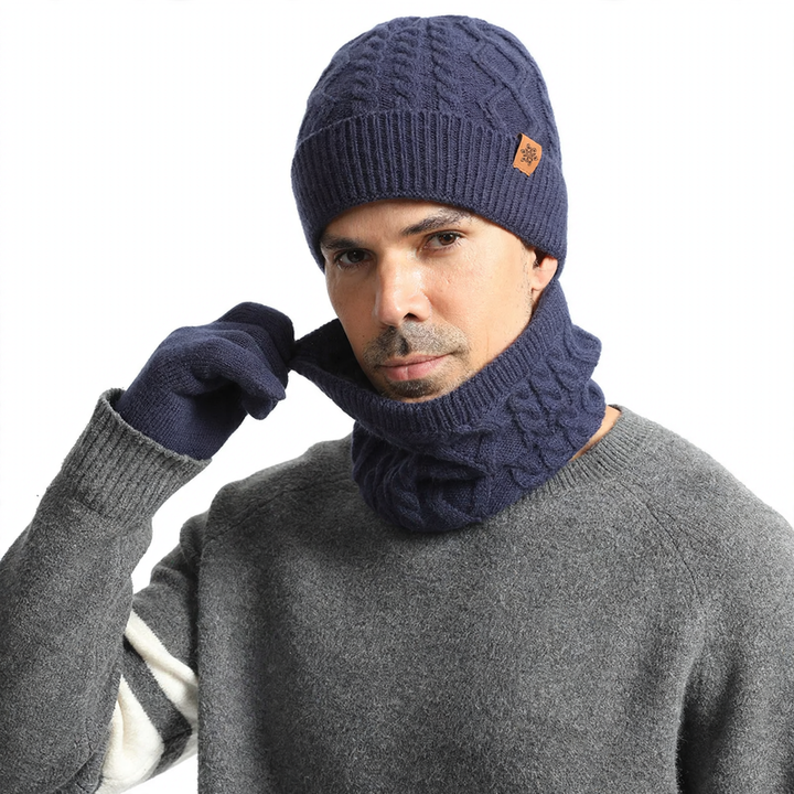 Knit set for men: beanie, scarf, and gloves