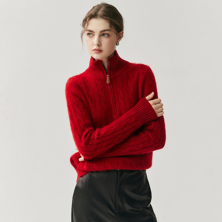 Women's knit sweater with zipper and cable pattern