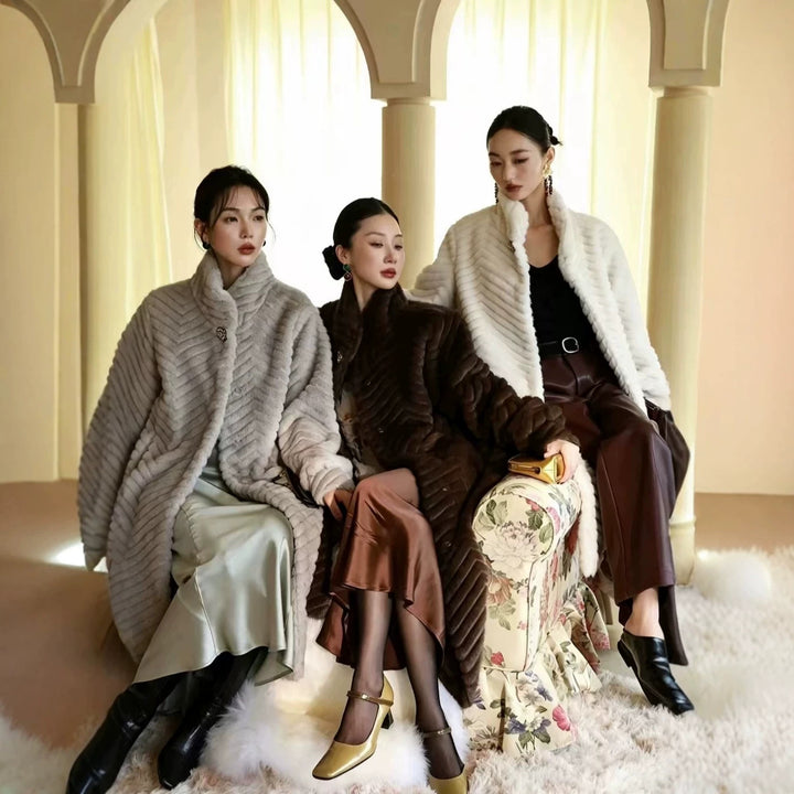 Women's coat in fur look with herringbone pattern