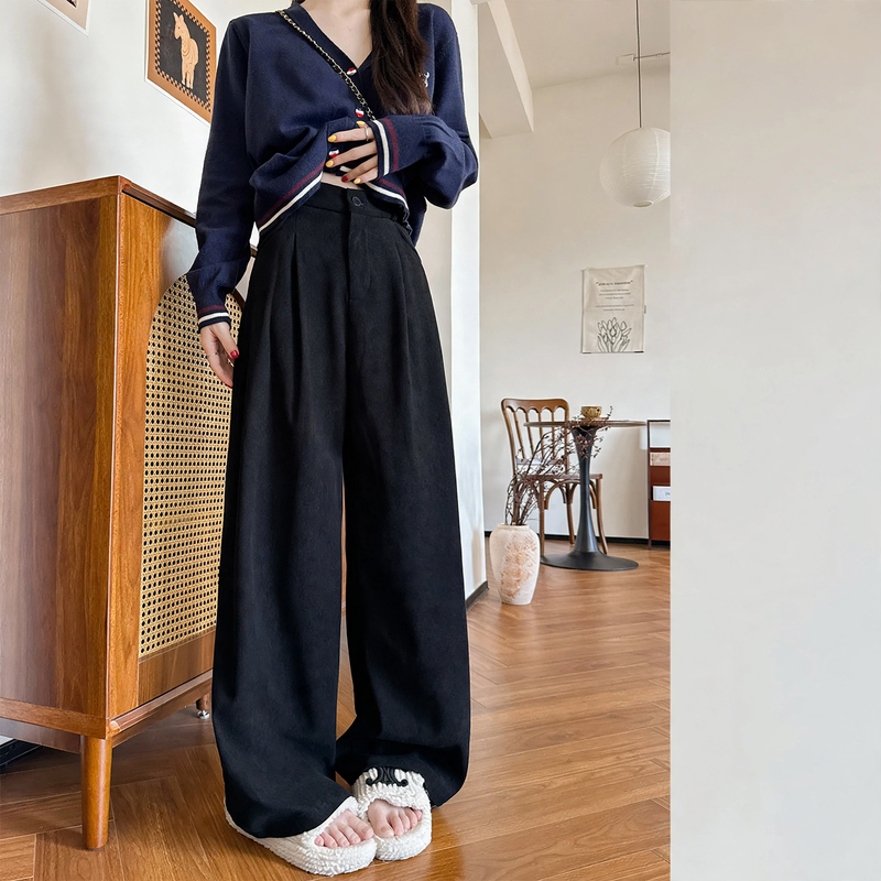 Cord wide pants for women, high-waisted
