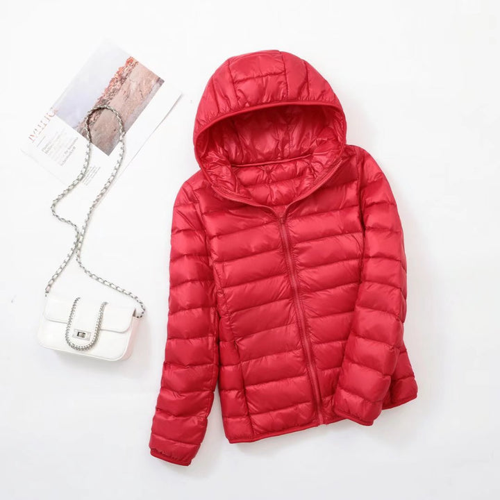Light women's down jacket with stand-up collar