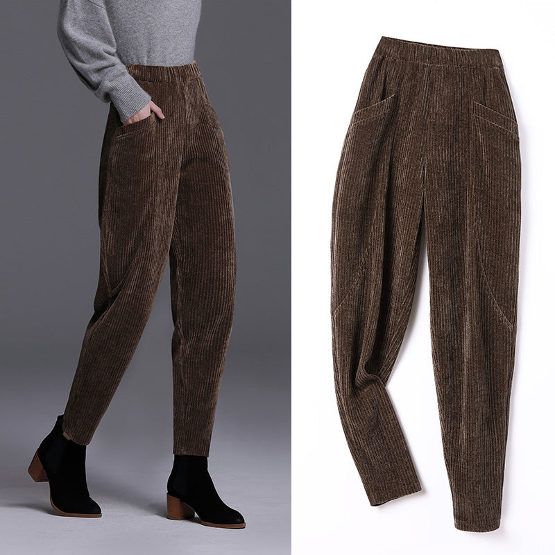 Women’s corduroy trousers, padded, high waist, carrot cut